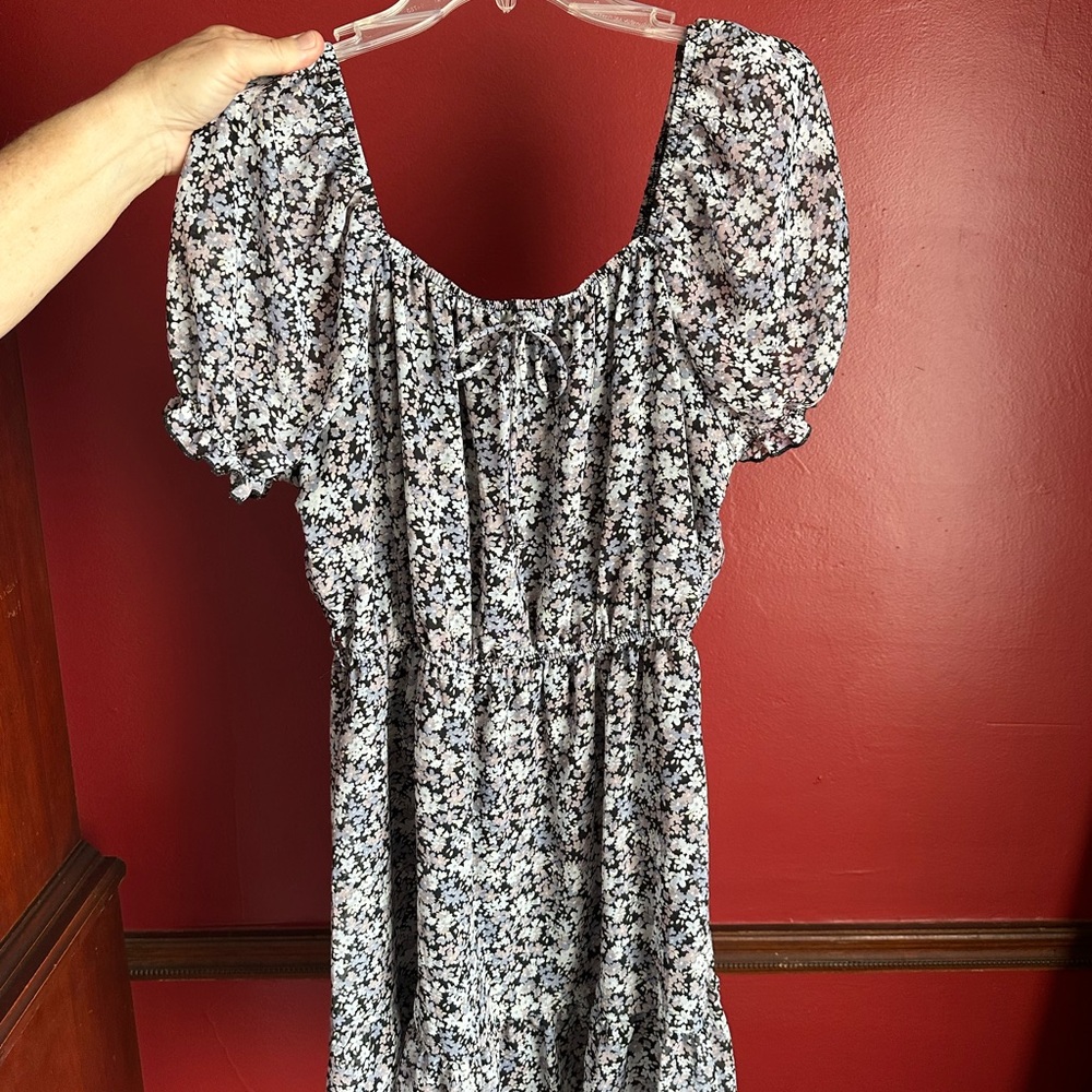 Pink, purple and white floral sundress with Puff Sleeves and Scoop Neck
